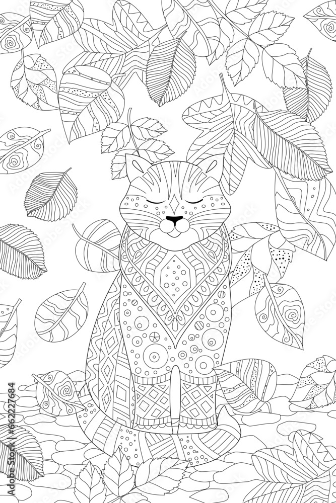 Coloring book page for adults and children. autumn leaves fallin