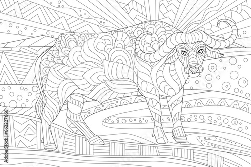 Coloring book page for adults and children. African savannah fan