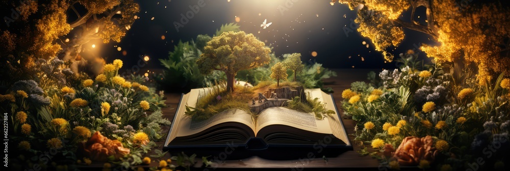 Open book with flowers and tree on dark background. Story coming alive: nature coming out of an old yellowish book, banner for Library Week, world book day, reading month.  - obrazy, fototapety, plakaty 