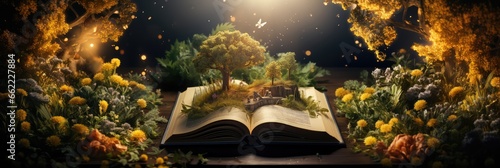 Open book with flowers and tree on dark background. Story coming alive: nature coming out of an old yellowish book, banner for Library Week, world book day, reading month. 