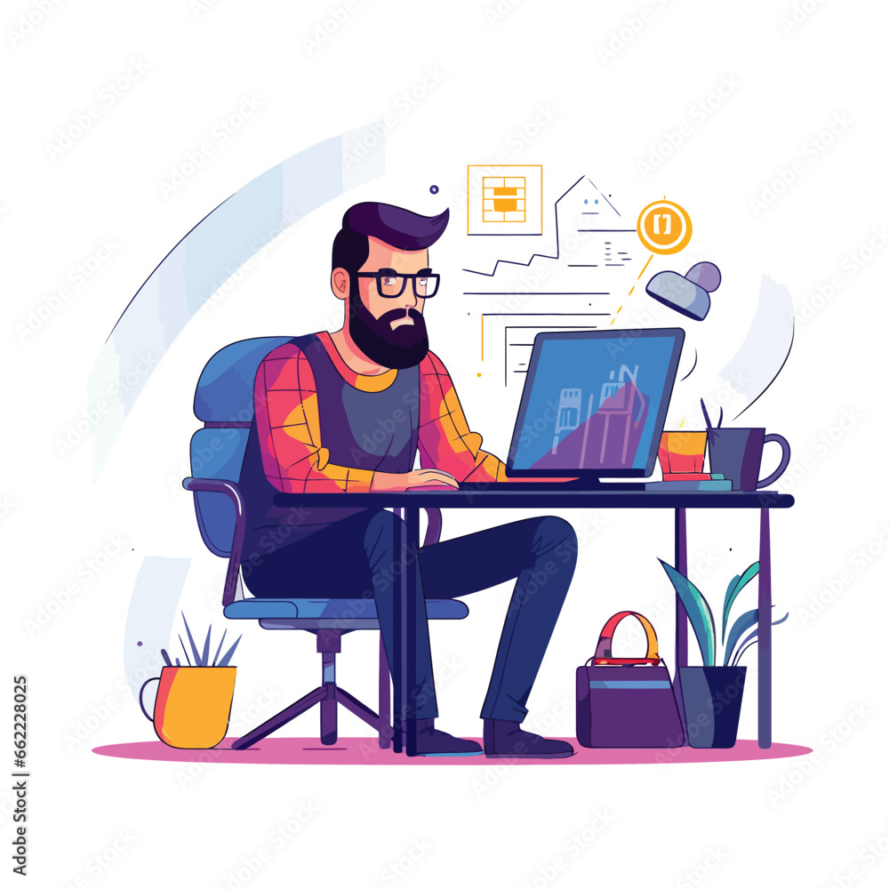 handsome man working in office and using laptop , plants in the office , decent look of office vector Ai design, handsome, man, working, office, using, laptop, plants, decent, look, ai design, ai