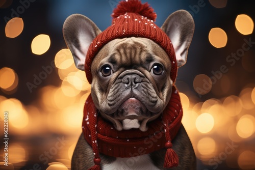 Funny french bulldog puppy wearing a red hat and scarf on bokeh background. Dog at Christmas with Christmas Hat or Santa Hat and Bokeh Lights 