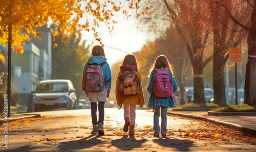 3 Schulkinder mit bunten Schulranzen laufen freundschaftlich auf einer Straße mit bunten Blättern an einem Herbst-Nachmittag zur Schule - 1. Schultag Schulbeginn