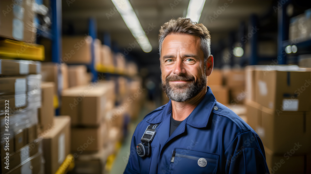 Happy, uniformed worker in a warehouse or factory full of cardboard boxes. Packages for shipping, logistics and distribution center. Generative ai Happy, uniformed worker in a warehouse or factory full of cardboard boxes. Packages for shipping, logistics and distribution center. Generative ai