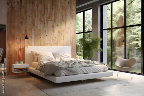 White wooden wardrobe in Scandinavian style interior design of modern bedroom