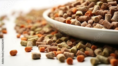 A plate with pellets of dry animal feed. Close-up. Macro. Healthy, balanced nutrition for pets.
