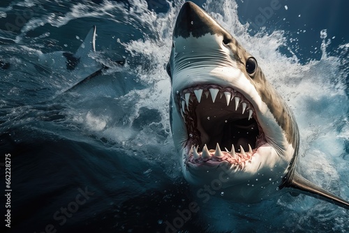 An aggressive shark stares into the frame from the water.