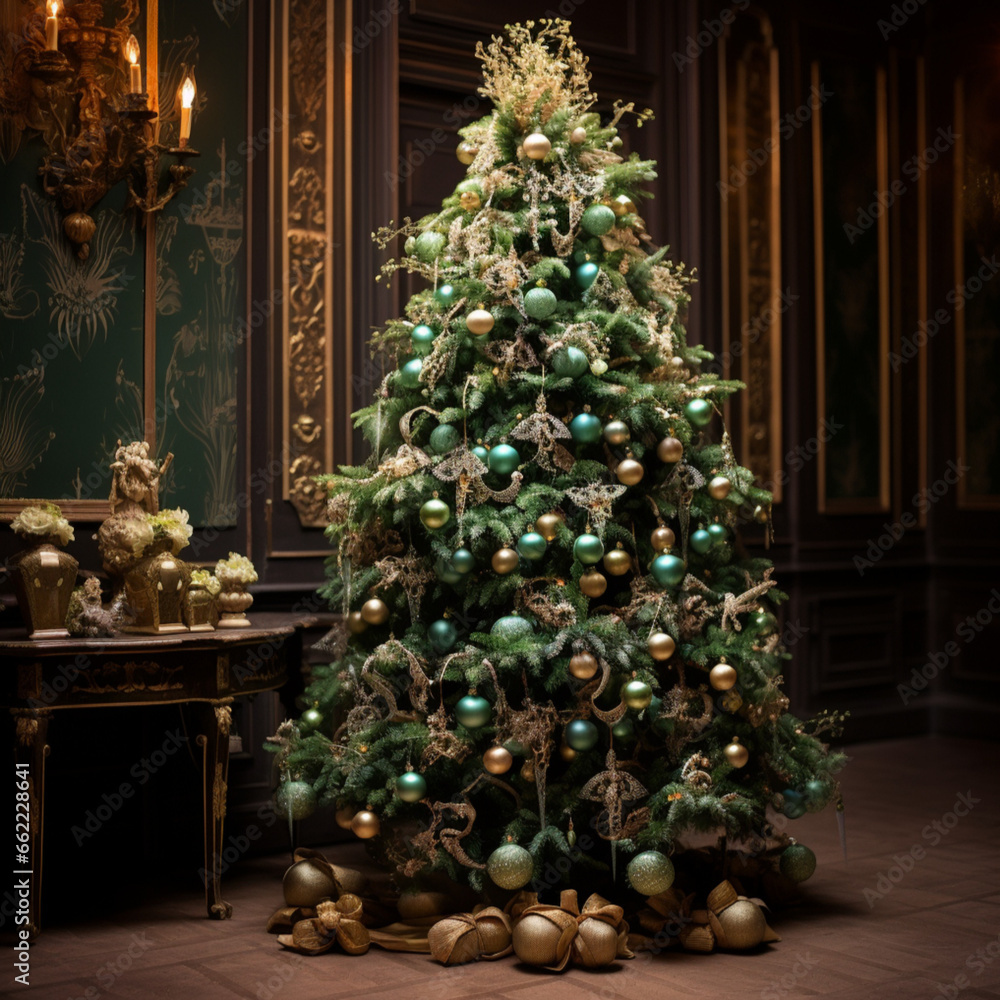 green beautiful christmas tree with gold decorations. relating detailed image indoor