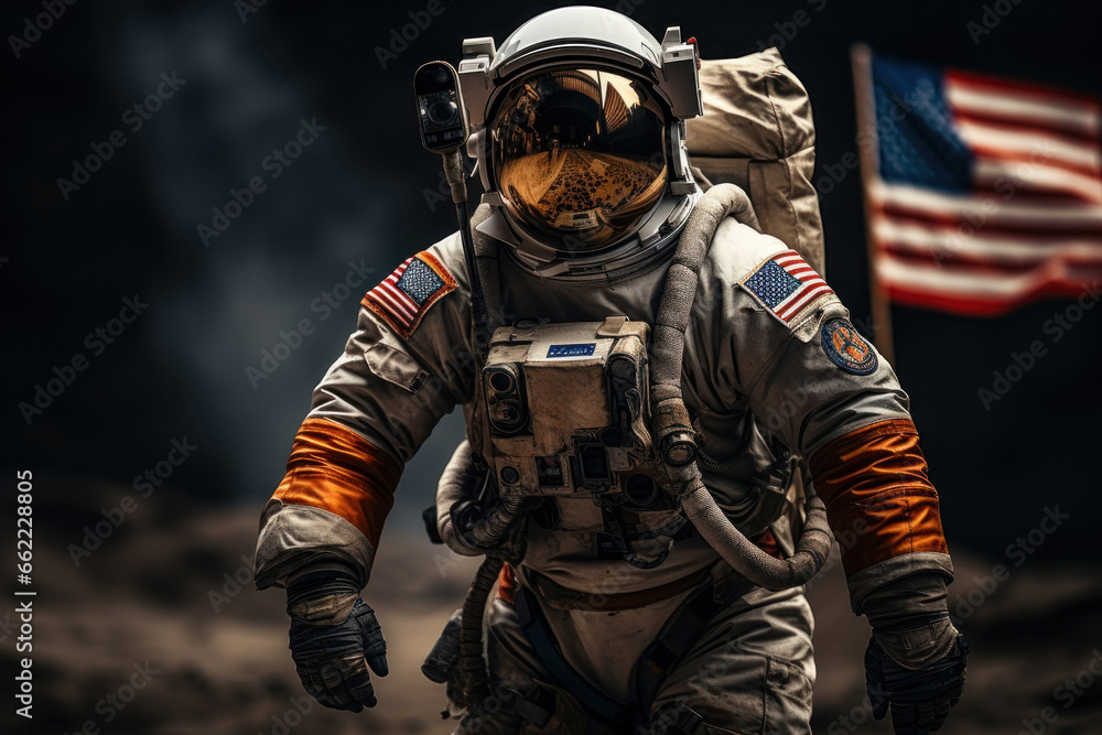 American astronaut on the moon against the background of the USA flag - obrazy, fototapety, plakaty 