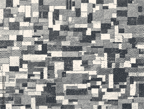 Abstract halftone background in woodcut style with black and white mosaic composition. Vector illustration