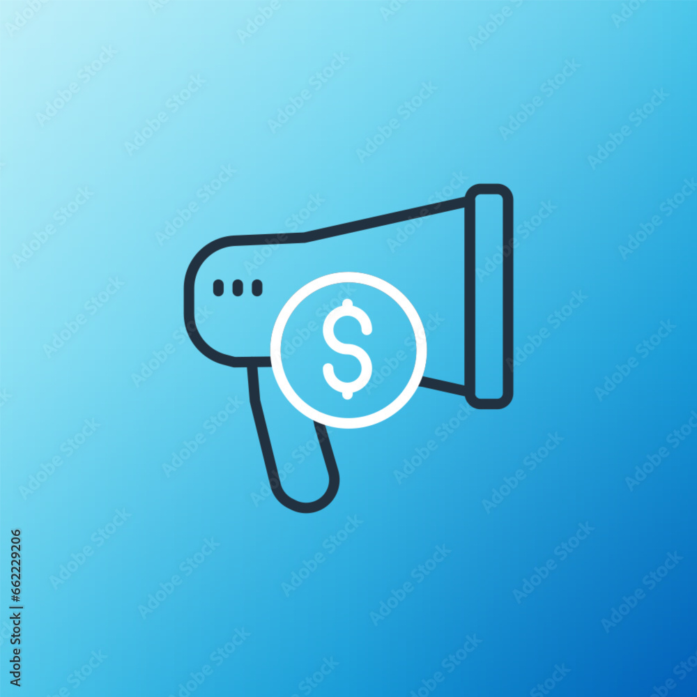 Line Megaphone and dollar icon isolated on blue background. Loud speech alert concept. Bullhorn for Mouthpiece scream promotion. Colorful outline concept. Vector Line Megaphone and dollar icon isolated on blue background. Loud speech alert concept. Bullhorn for Mouthpiece scream promotion. Colorful outline concept. Vector