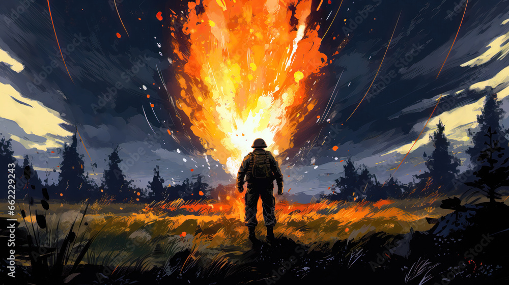 Soldier in a field in front of an explosion