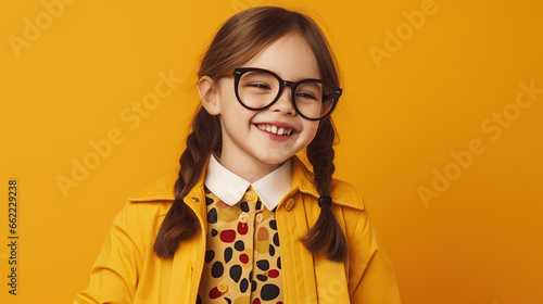 portrait of a schoolgirl isolated on yellow background 