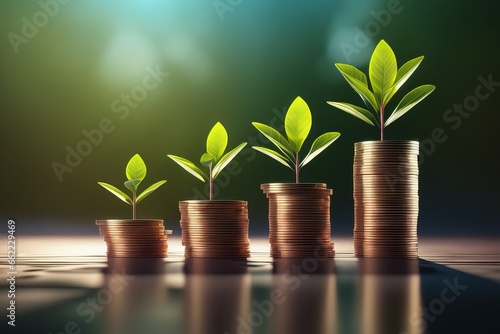 money and plant growing in the coins money and plant growing in the coins business concept. coins in the form of a plant on a wooden table. coins in a stack of coins.