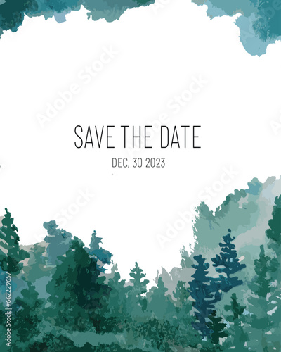 wedding invitation set with watercolor landscape pine tree, vector background, decorative elements, card