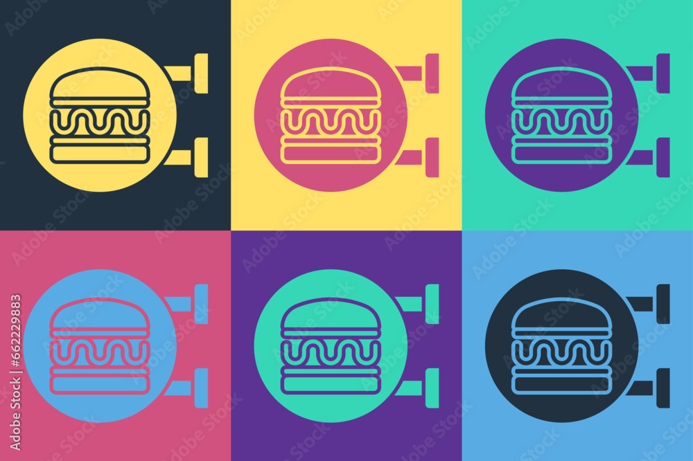 Pop art Online ordering and burger delivery icon isolated on color background. Vector