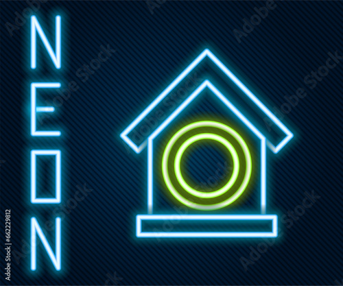 Glowing neon line Dog house icon isolated on black background. Dog kennel. Colorful outline concept. Vector