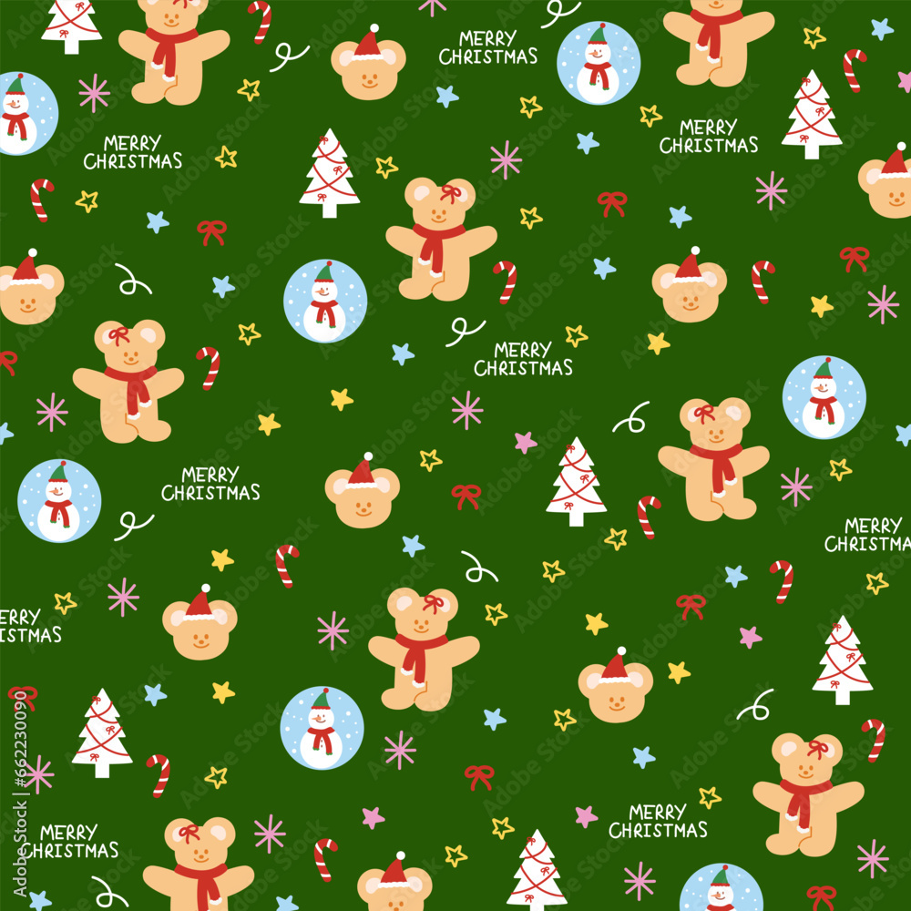 Christmas green background with Teddy Bear and snowman for winter wallpaper, festive banner, gift wrap, xmas card, ad template, print, packaging, frame, social media post, memo, cute fabric pattern