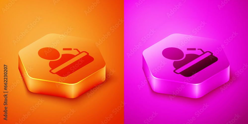 Isometric Speaker icon isolated on orange and pink background. Orator speaking from tribune. Public speech. Person on podium. Hexagon button. Vector Isometric Speaker icon isolated on orange and pink background. Orator speaking from tribune. Public speech. Person on podium. Hexagon button. Vector