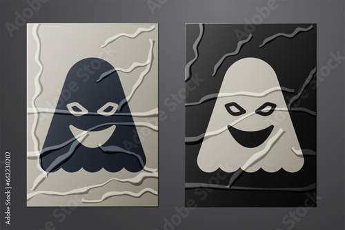 White Ghost icon isolated on crumpled paper background. Paper art style. Vector