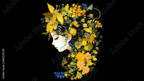 Beautiful girl face with autumn flowers on a black background