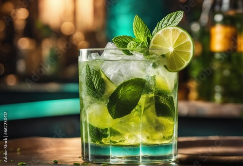cocktail with lemon, mint and ice on wooden background. cocktail with lemon, mint and ice on wooden background. mojito cocktail with mint leaves and ice on dark wooden table