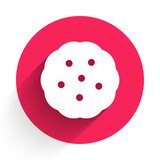 White Cookie or biscuit with chocolate icon isolated with long shadow background. Red circle button. Vector