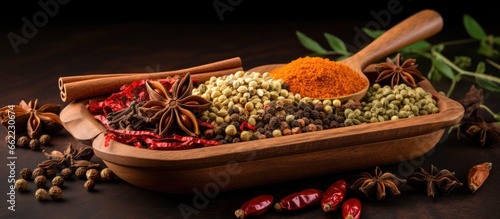 Indian spices used in Indian cooking such as masala hot curry whole spices like turmeric cardamom and black pepper along with curry leaves and paprika are commonly found in a spice box from