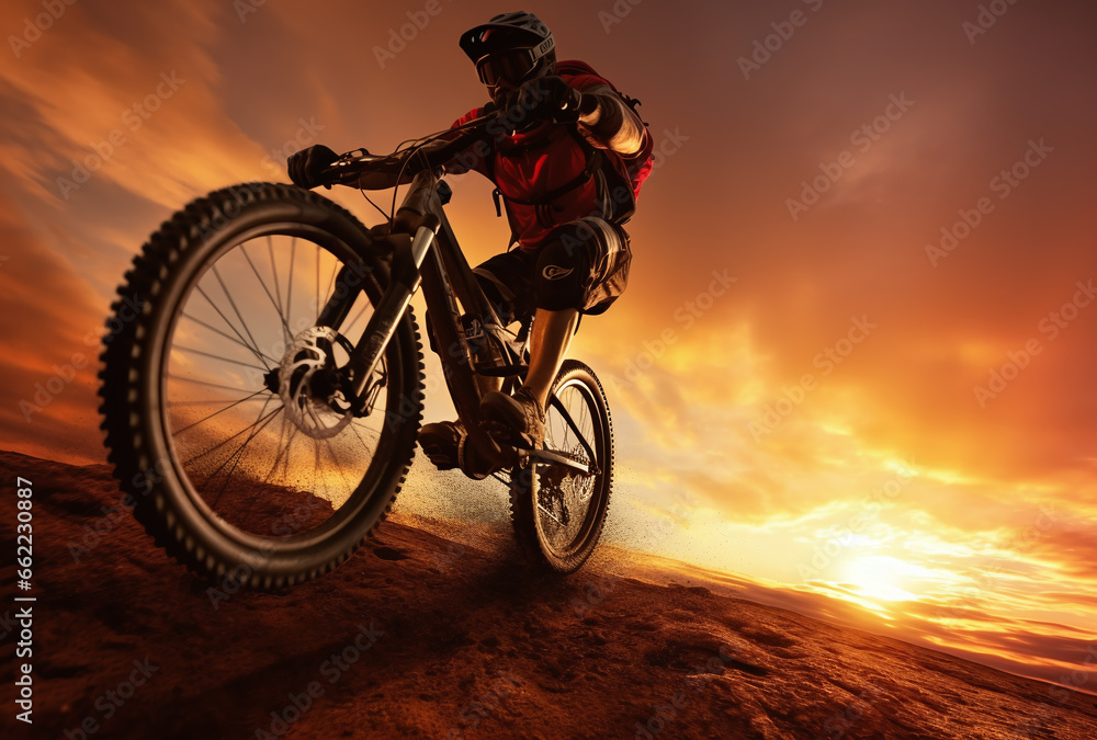 Fototapeta premium Young man riding bicycle on mountain trail sport