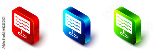 Isometric Encephalogram icon isolated on white background. Electrical activity. Red, blue and green square button. Vector
