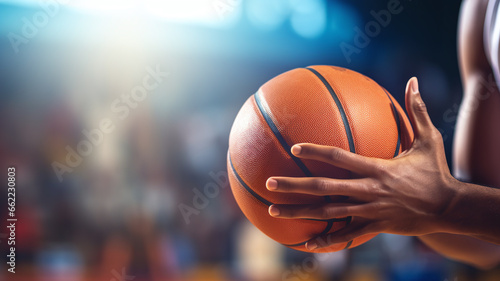 Basketball player with a ball over basketball court background