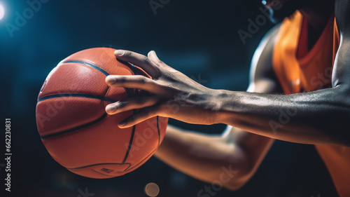 Basketball player with a ball over basketball court background © daniy