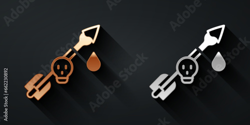 Gold and silver Poison on the arrow icon isolated on black background. Poisoned arrow. Long shadow style. Vector