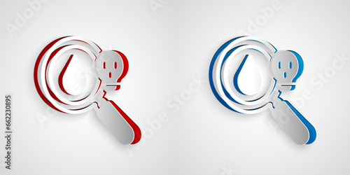 Paper cut Poisonous research magnifying glass icon isolated on grey background. Paper art style. Vector