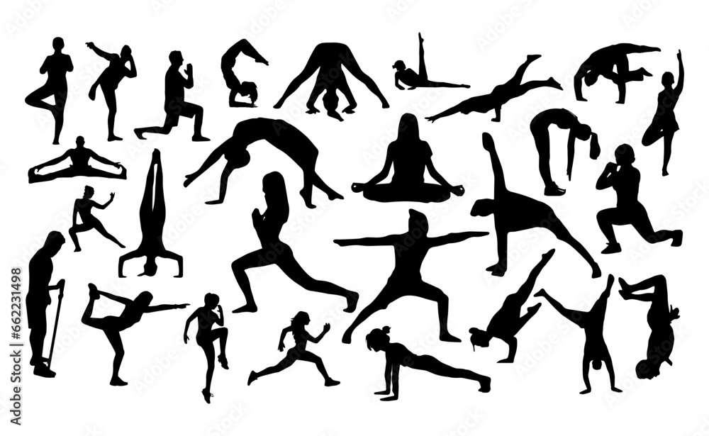 Set of people workout sport vector silhouettes Set of people workout sport vector silhouettes