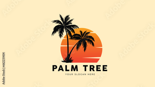 Vintage Retro sunset Palm or coconut Tree vector illustration.