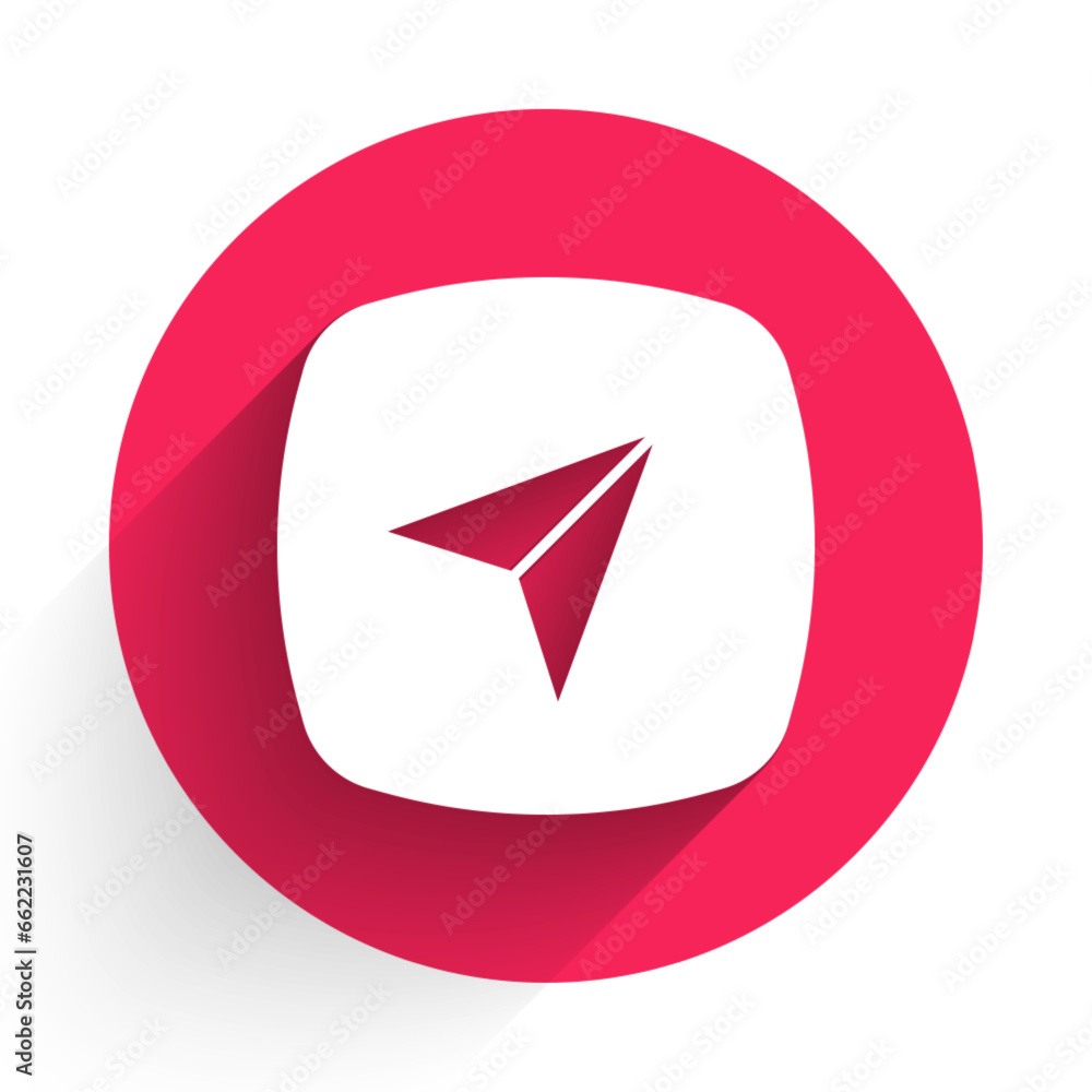 White Infographic of city map navigation icon isolated with long shadow background. Interface concept design. Geolocation concept. Red circle button. Vector White Infographic of city map navigation icon isolated with long shadow background. Interface concept design. Geolocation concept. Red circle button. Vector