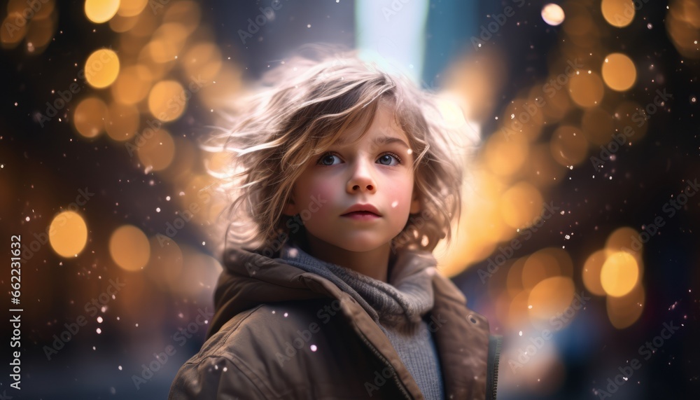 Blond boy in winter with light snowfall and the blurred lights of the big city in the background
