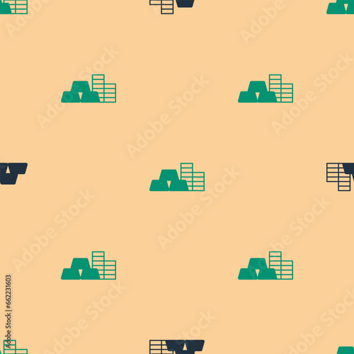 Green and black Gold coin with gold bars icon isolated seamless pattern on beige background. Banking currency sign. Cash symbol. Vector