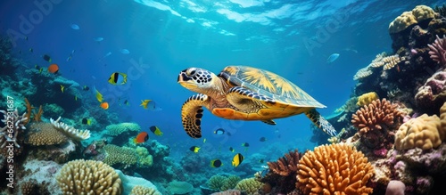 Marine life beneath the ocean s surface like turtles fish and coral With copyspace for text