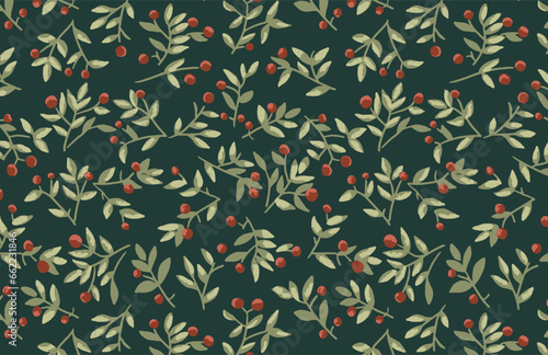 Hand drawn botanical mistletoe seamless pattern Christmas in vector watercolor effect