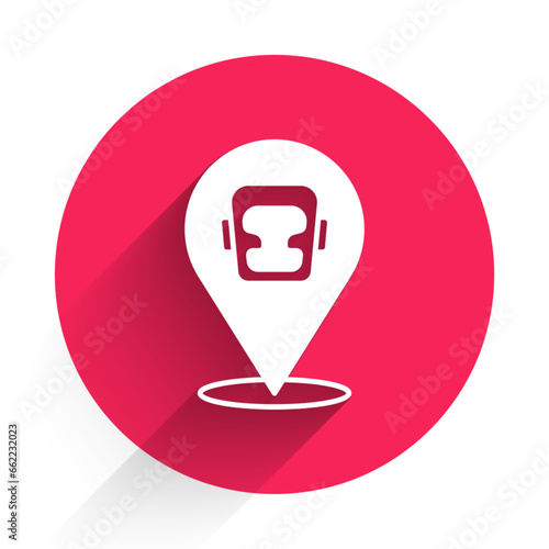 White Boxing helmet icon isolated with long shadow background. Red circle button. Vector
