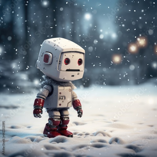 Little robot outdoors in winter