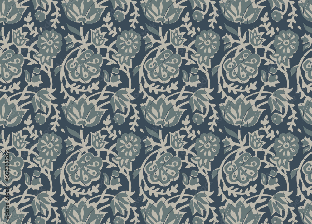 Hand-drawn batik seamless pattern block print floral vector