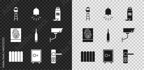 Set Watch tower, Ringing alarm bell, Pepper spray, Garden fence wooden, Safe, Door handle, Fingerprint and Bullet icon. Vector