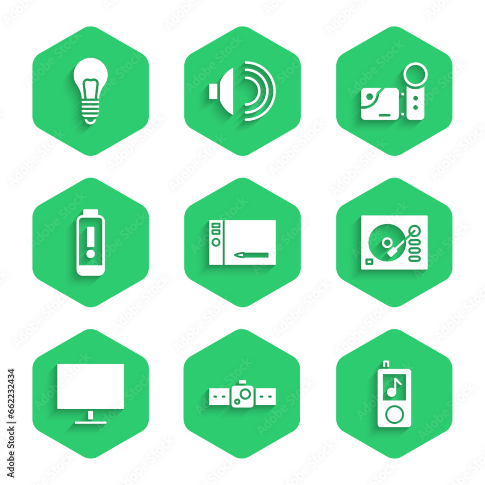 Set Graphic tablet, Smartwatch, Music player, Vinyl, Computer monitor screen, Battery charge level indicator, Cinema camera and Light bulb with concept of idea icon. Vector Set Graphic tablet, Smartwatch, Music player, Vinyl, Computer monitor screen, Battery charge level indicator, Cinema camera and Light bulb with concept of idea icon. Vector