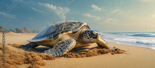 Leatherback turtle nesting on the beach With copyspace for text photo