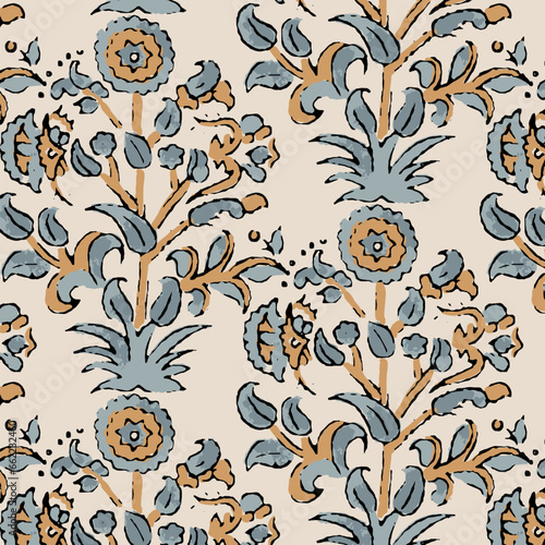 Digital Ajrakh seamless pattern block print floral batik vector