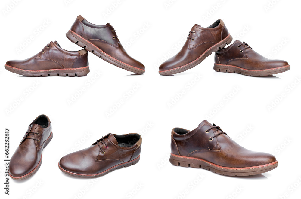 Grupo de sapato masculino em cor castanha num fundo branco. Grupo de sapato masculino em cor castanha num fundo branco.