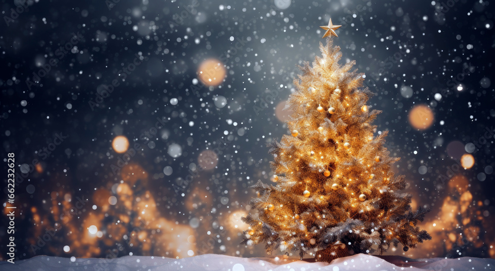 Christmas tree outdoor with snow, lights bokeh around, and snow falling, Christmas atmosphere with copy space. Christmas theme, sales, space for your holiday text.